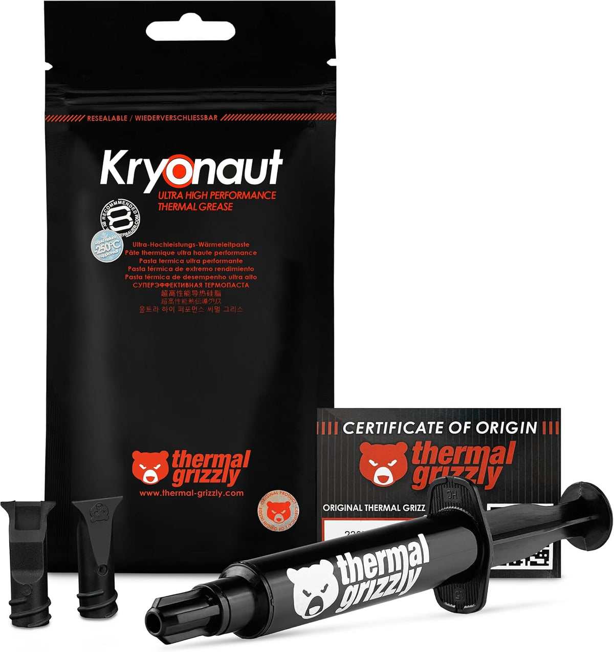 Thermal Grizzly Kryonaut thermal paste front view syringe packaging
