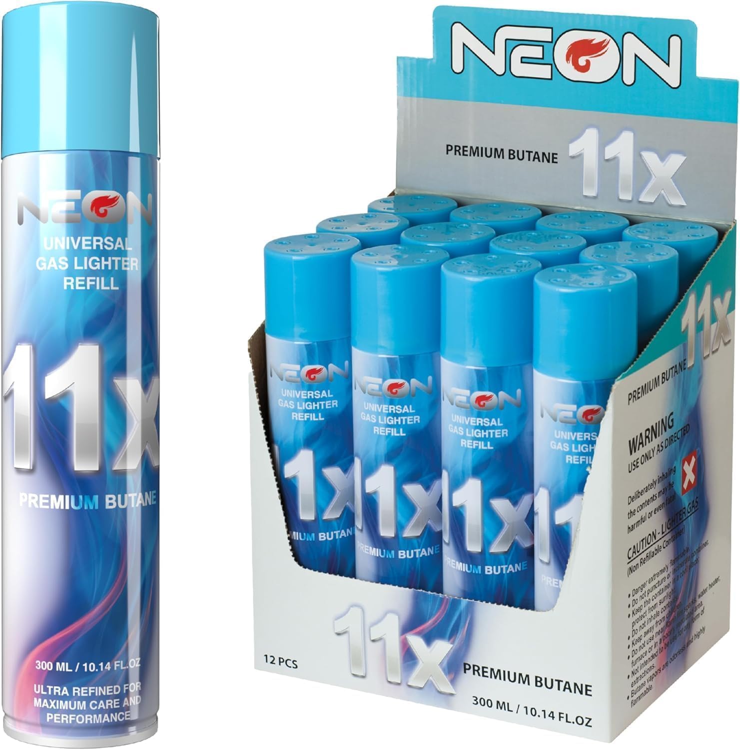 Neon premium eleven times ultra refined butane fuel refill cans front view