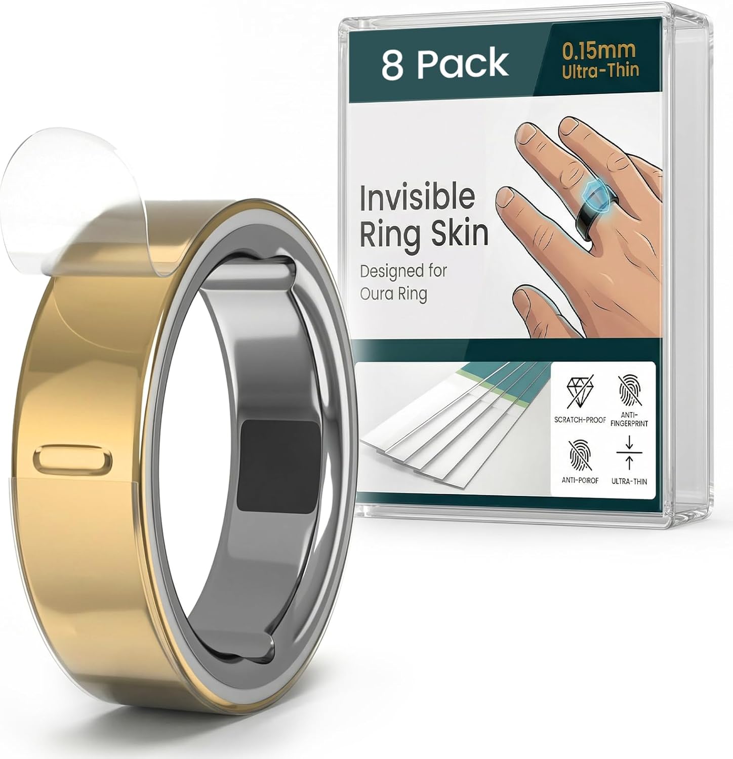 BandRain clear skin cover 8 pack packaging front view for smart ring protection.