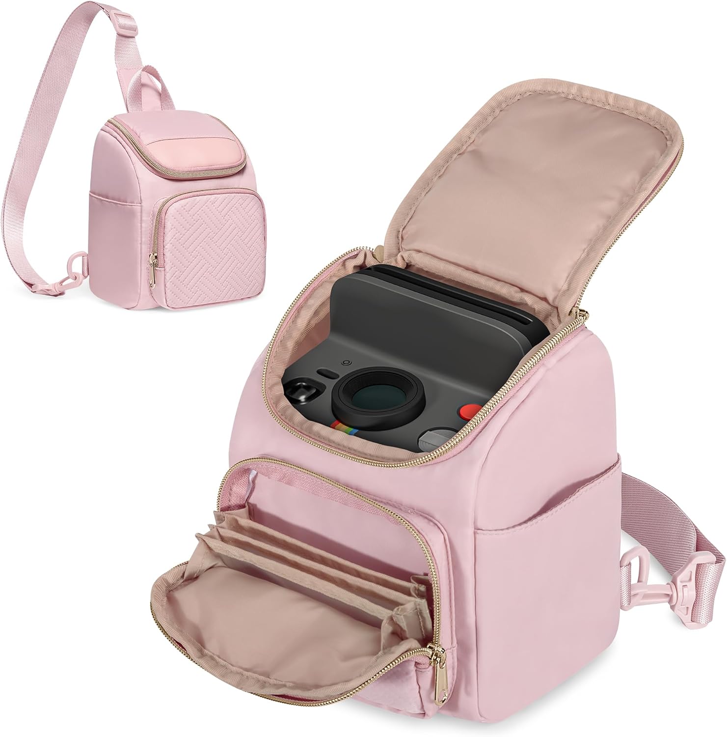 Prokva camera sling bag front view in vibrant pink color showcasing quilted fabric design