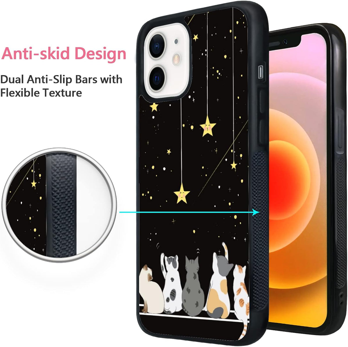 Onemiliayears Black Cute Cat iPhone Case side profile non-slip grip