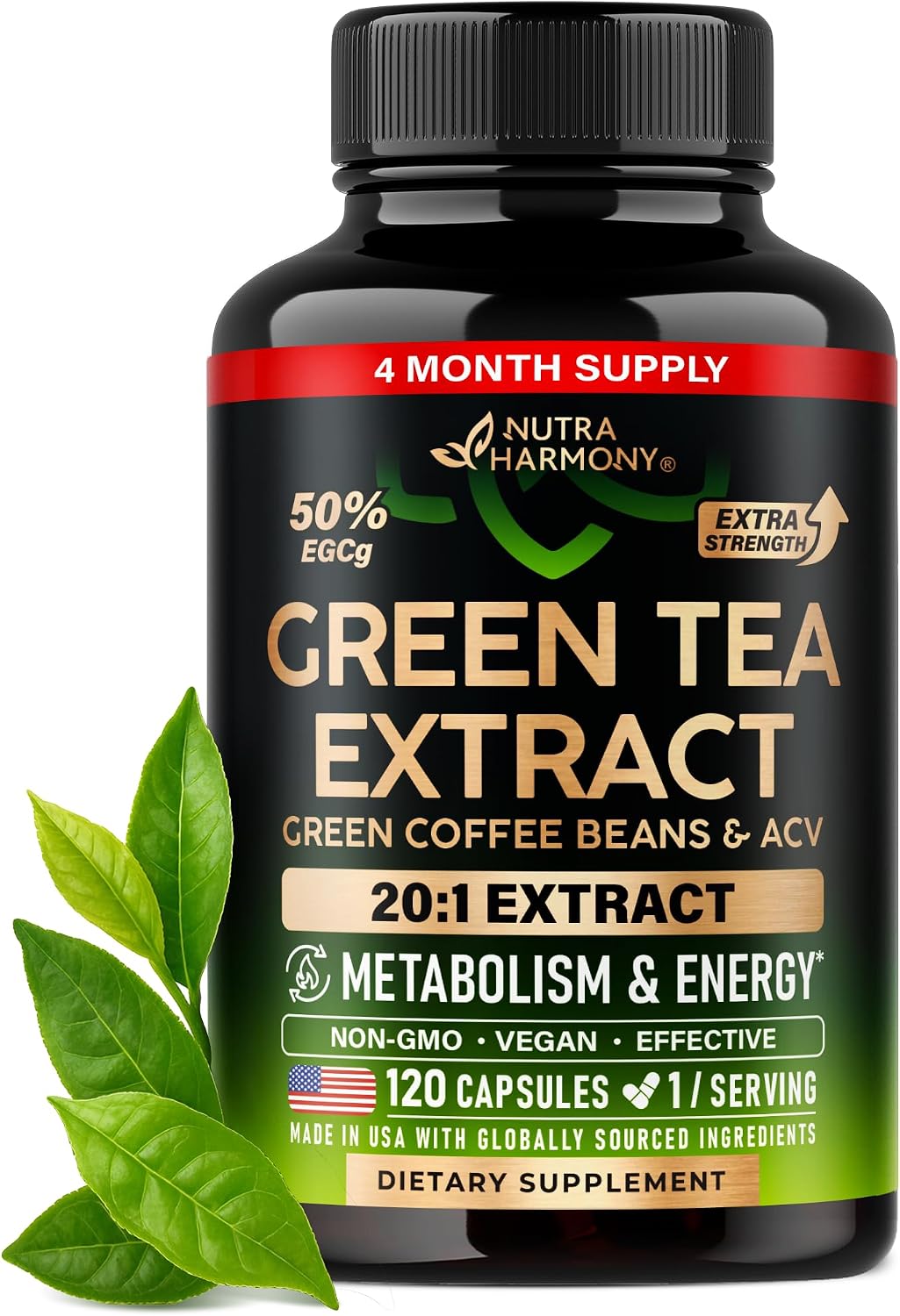 Nutraharmony Green Tea Extract 20:1 front view supplement bottle