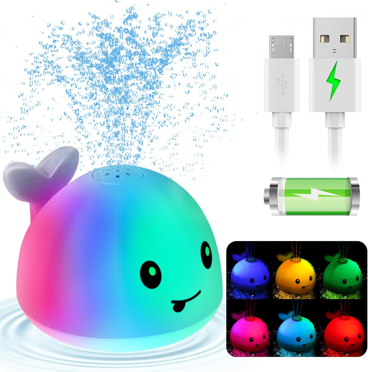 Gigilli rechargeable light up whale baby bath toy front view