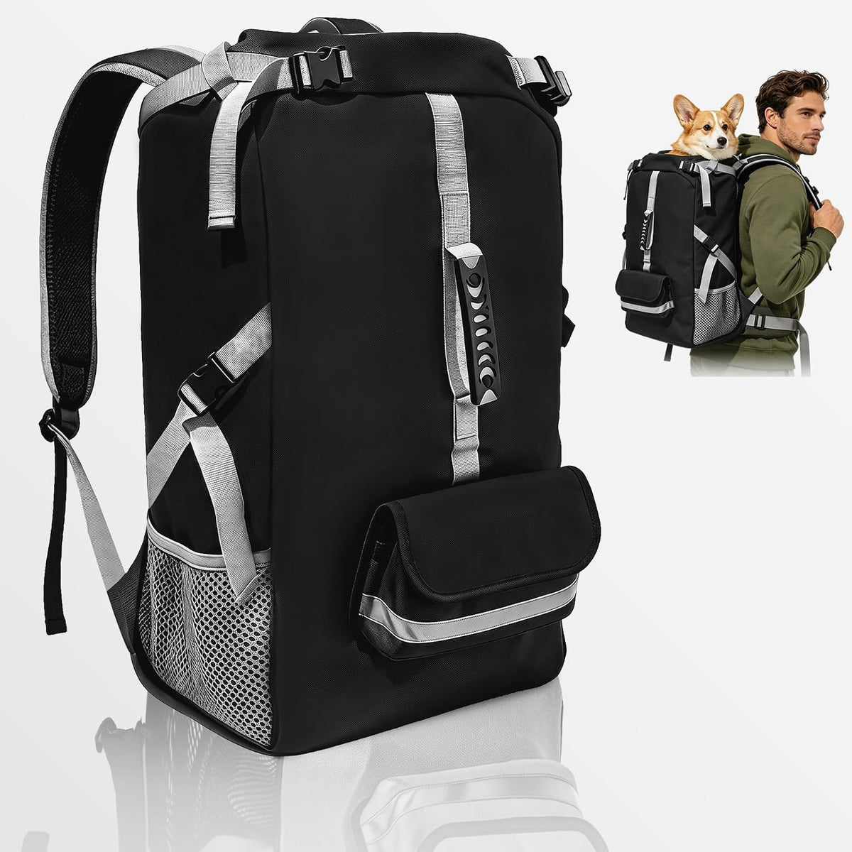 ZIPOWEY dog carrier backpack front view in solid black color showcasing the premium honeycomb mesh panel and robust zipper enclosures.