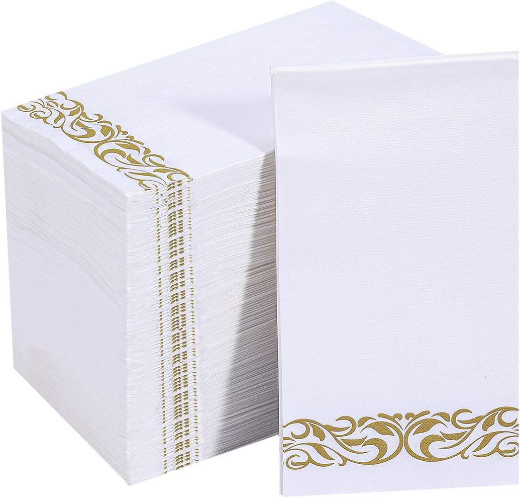 Vplus 200 count gold trim napkins front view for wedding table decor.