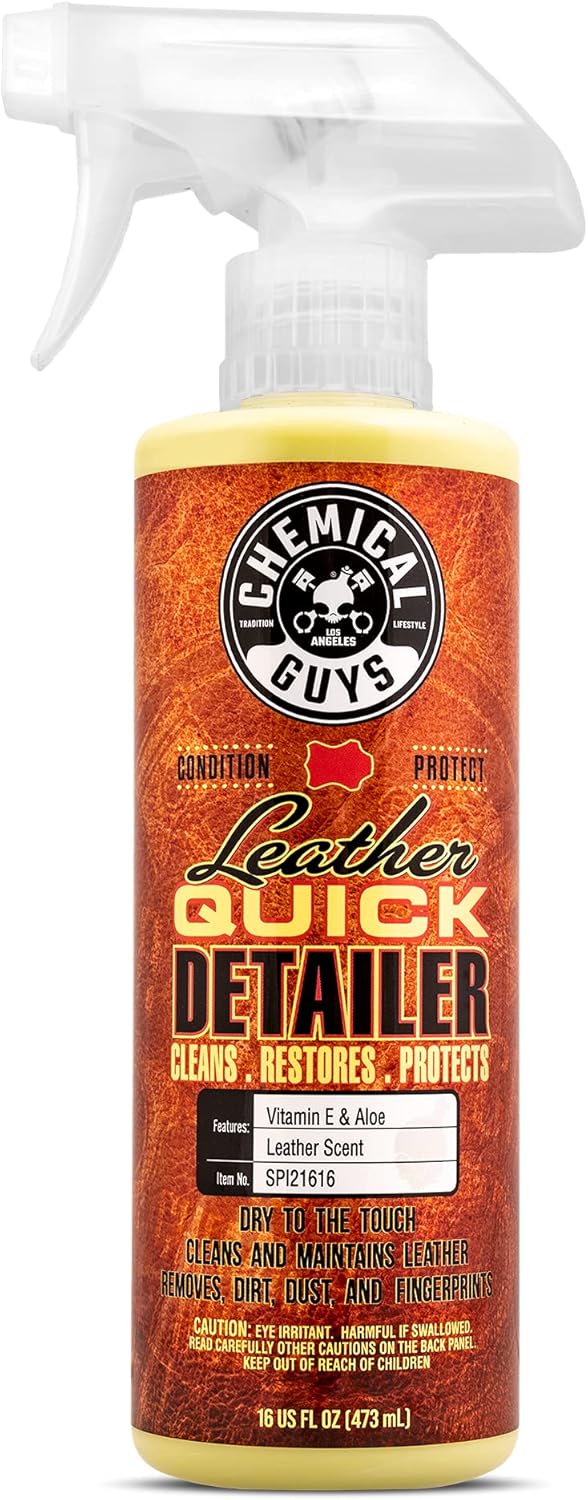 Chemical Guys Leather Quick Detailer 16 Fluid Ounce front view bottle showing premium car leather cleaner spray.