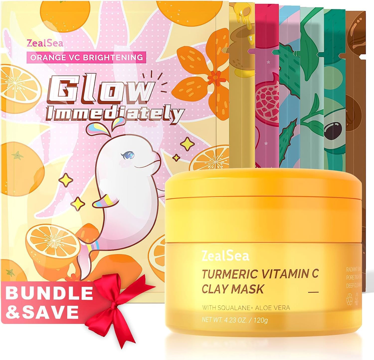 ZealSea natural sheet mask pack and turmeric clay mask bundle set front packaging view for deep pore cleansing skincare routine.