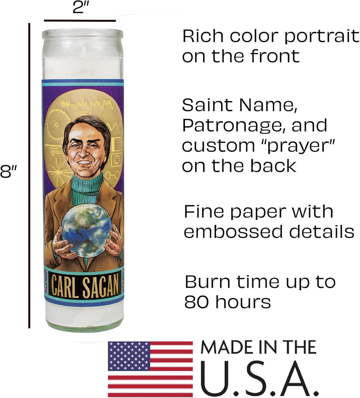 Unscented Carl Sagan glass candle lit in a dark room