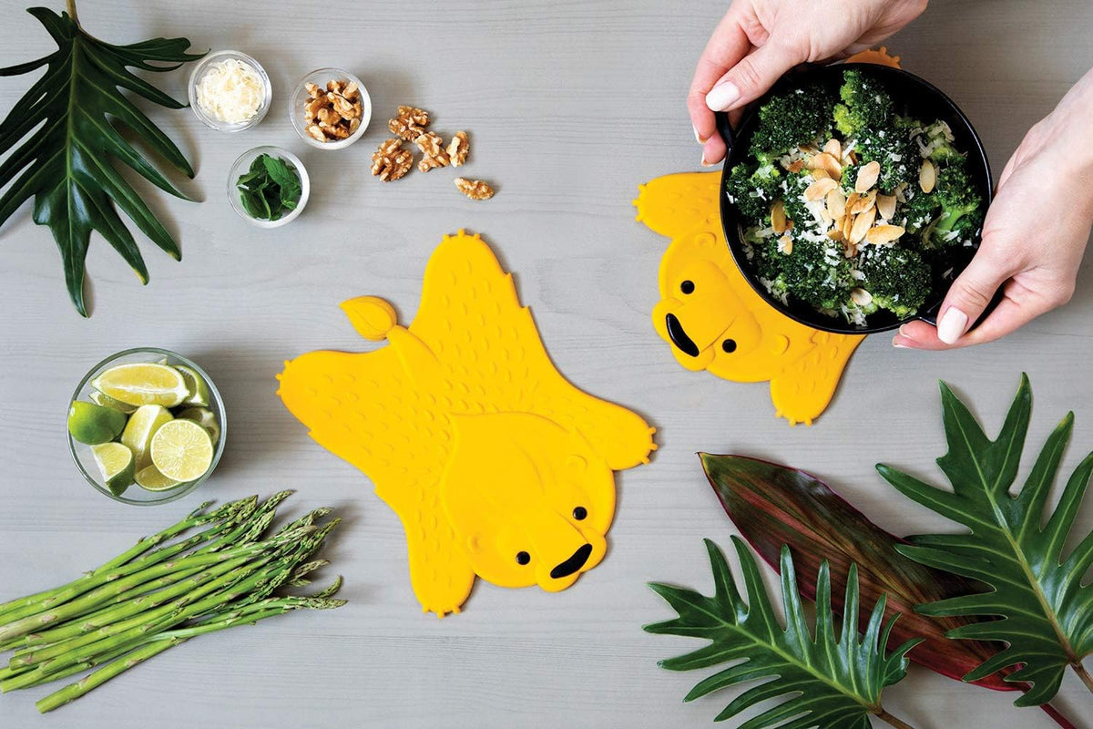 OTOTO brown bear hot pad shown in a modern kitchen setting