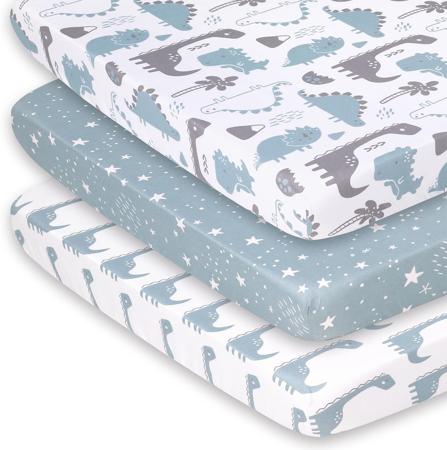 The Peanutshell Mini Crib Fitted Sheets Set front view featuring three blue and grey dinosaur printed baby bedding sheets.