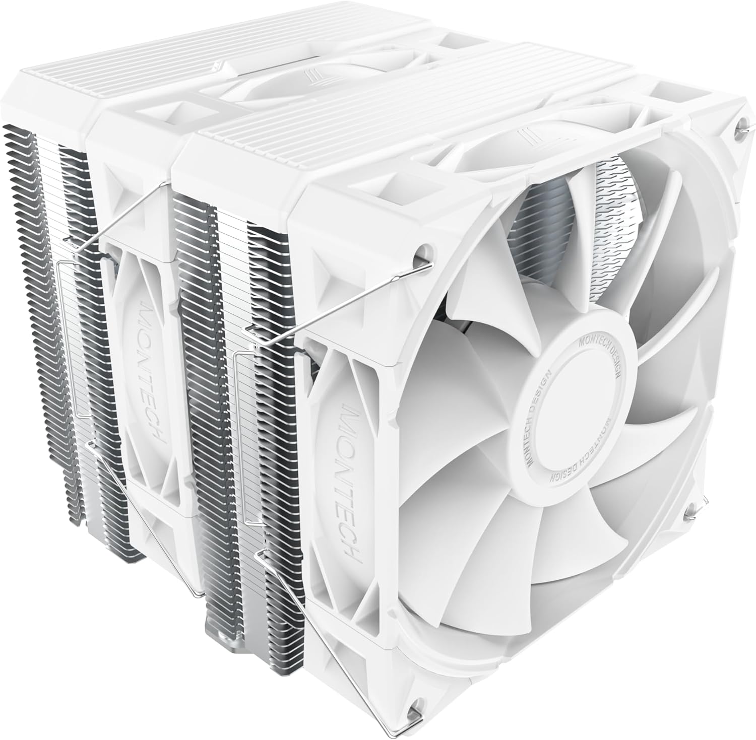 Montech NX600 Dual Tower CPU Air Cooler front view showcasing the white finish and premium top cover design.