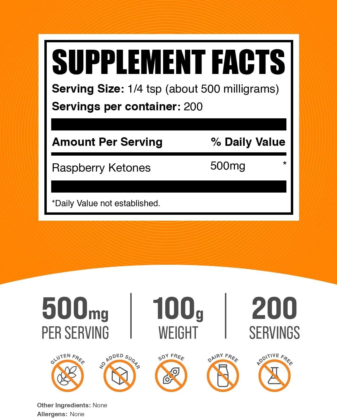 BulkSupplements Raspberry Ketones 100g supplement nutritional facts label