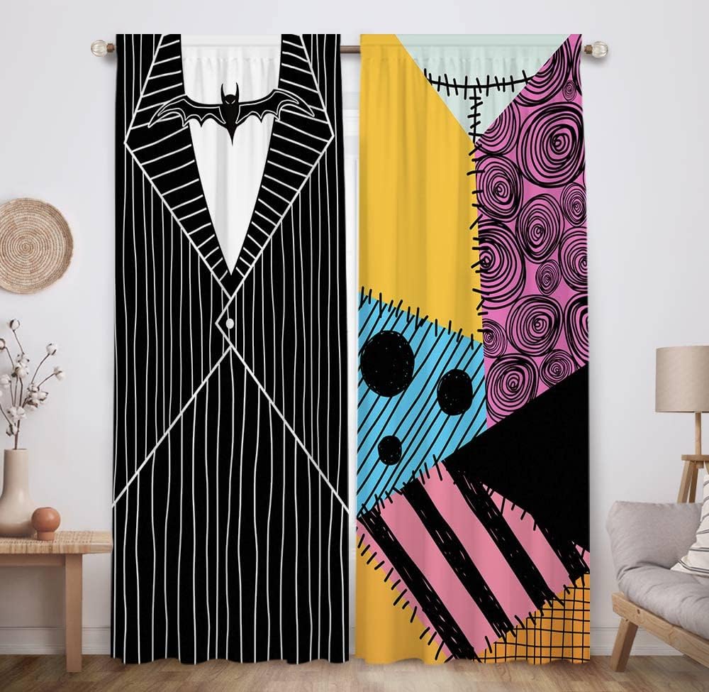 Allenjoy Halloween Nightmare Theme Window Curtain front view in a decorated kids bedroom.