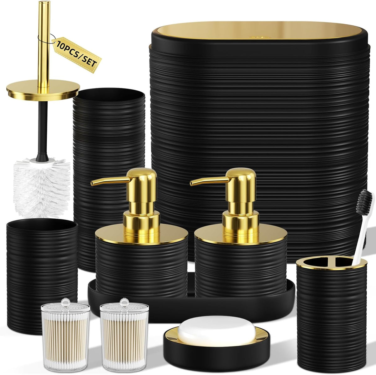 InnJoey 10 piece bathroom accessory set front view featuring black ribbed organizers with gold pumps