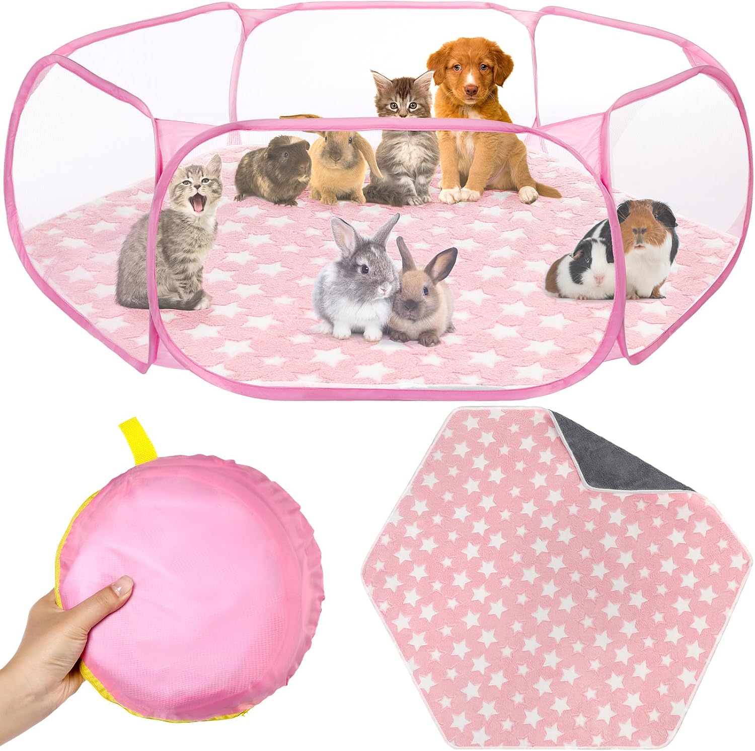 VitalCozy Hamster Playpen with Mat Small Animal Cage Tent Breathable Transparent Guinea Pig Playpen Waterproof Portable Yard Fence Mat Foldable Exercise Playpen Outdoor Indoor (Pink,Star) - Image 1