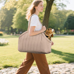Side profile of brown dog tote bag for travel
