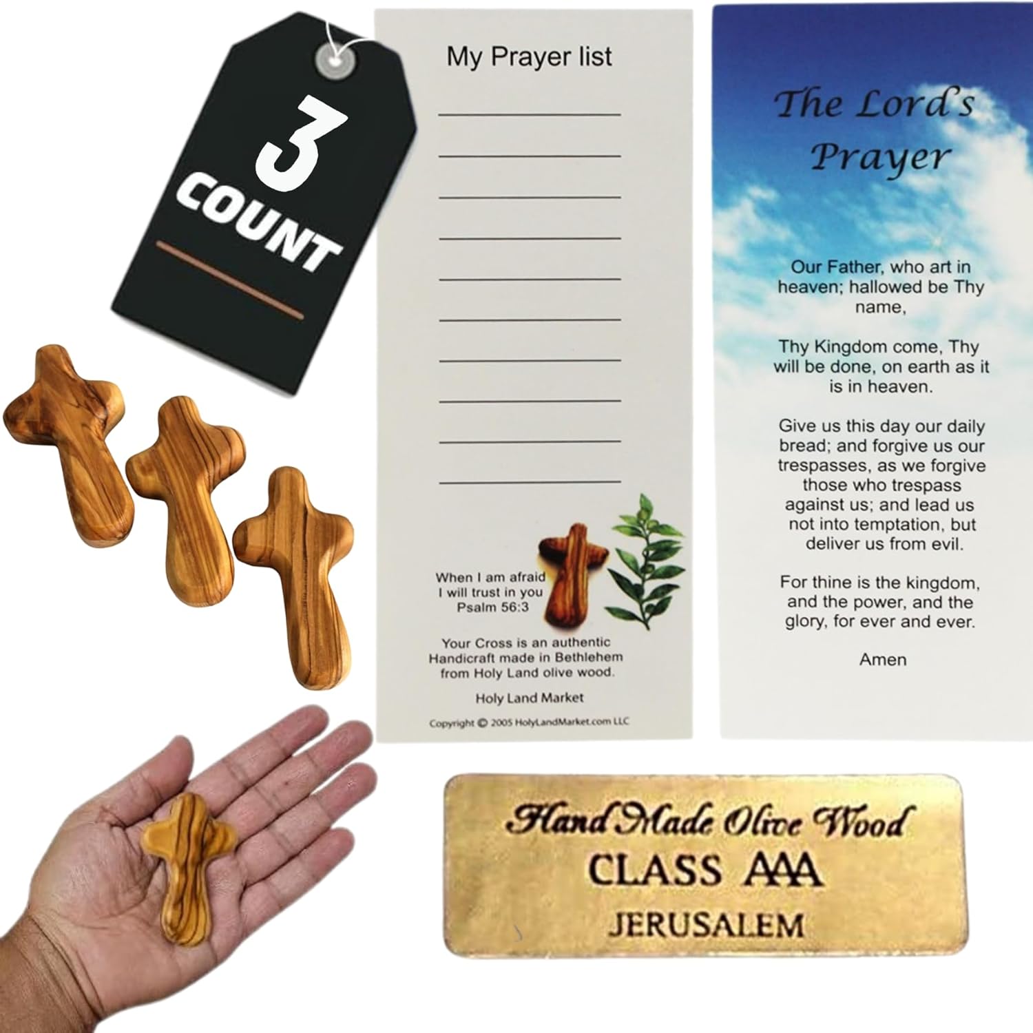 Holy Land Market 3 Olive Wood Crosses front view showing natural handcrafted wood grain.
