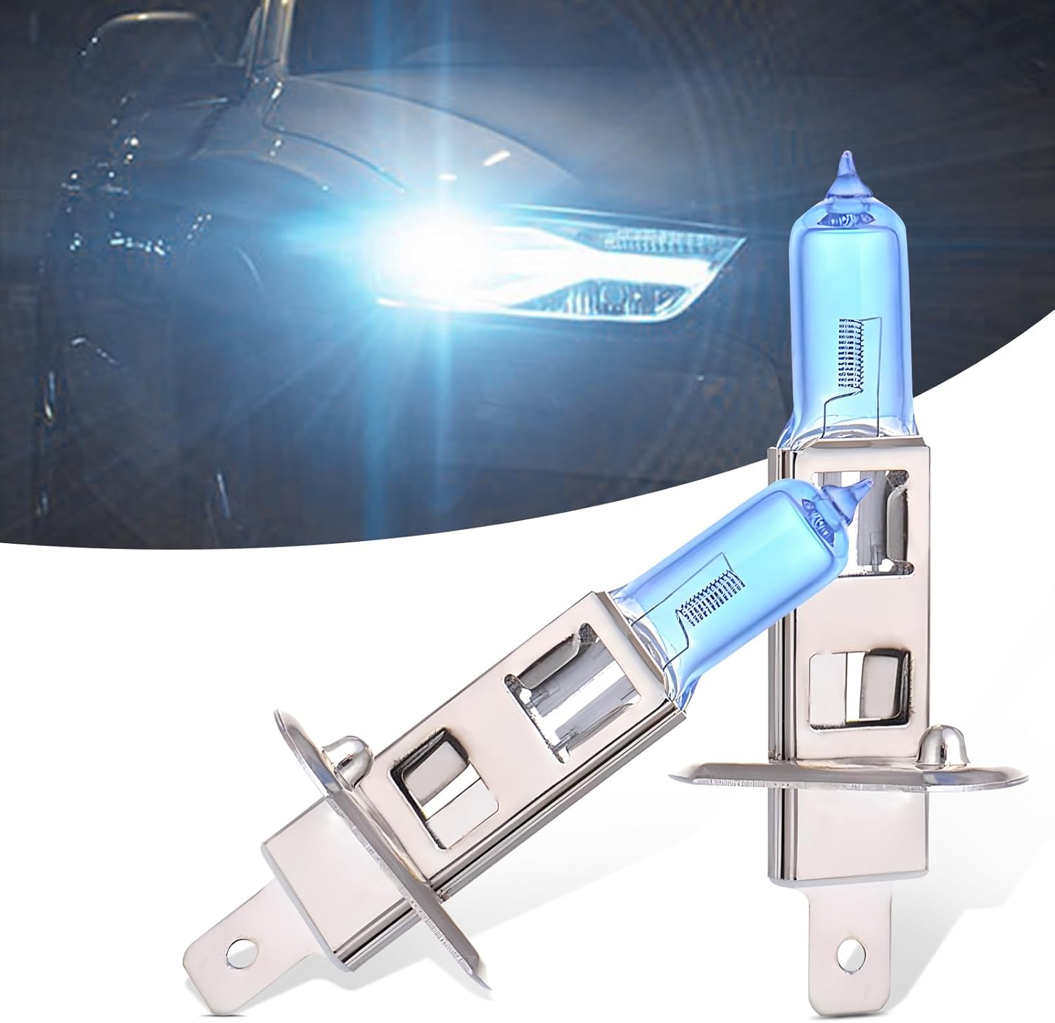 GKmow Pack 2 H1 Halogen Car Xenon Light Bulbs front view showcasing the blue coated quartz glass