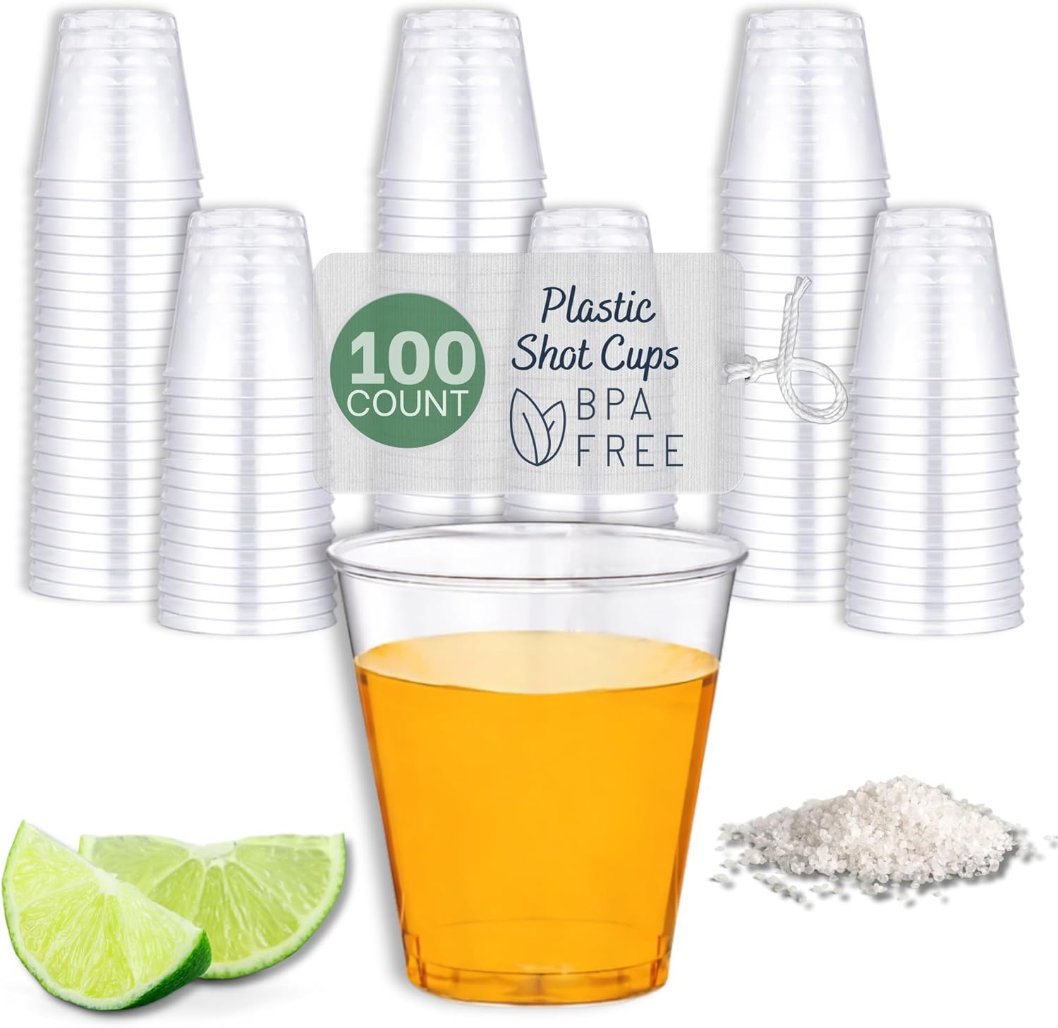 Stumbelina 100 Count Clear Plastic Shot Glasses front view for party planning.