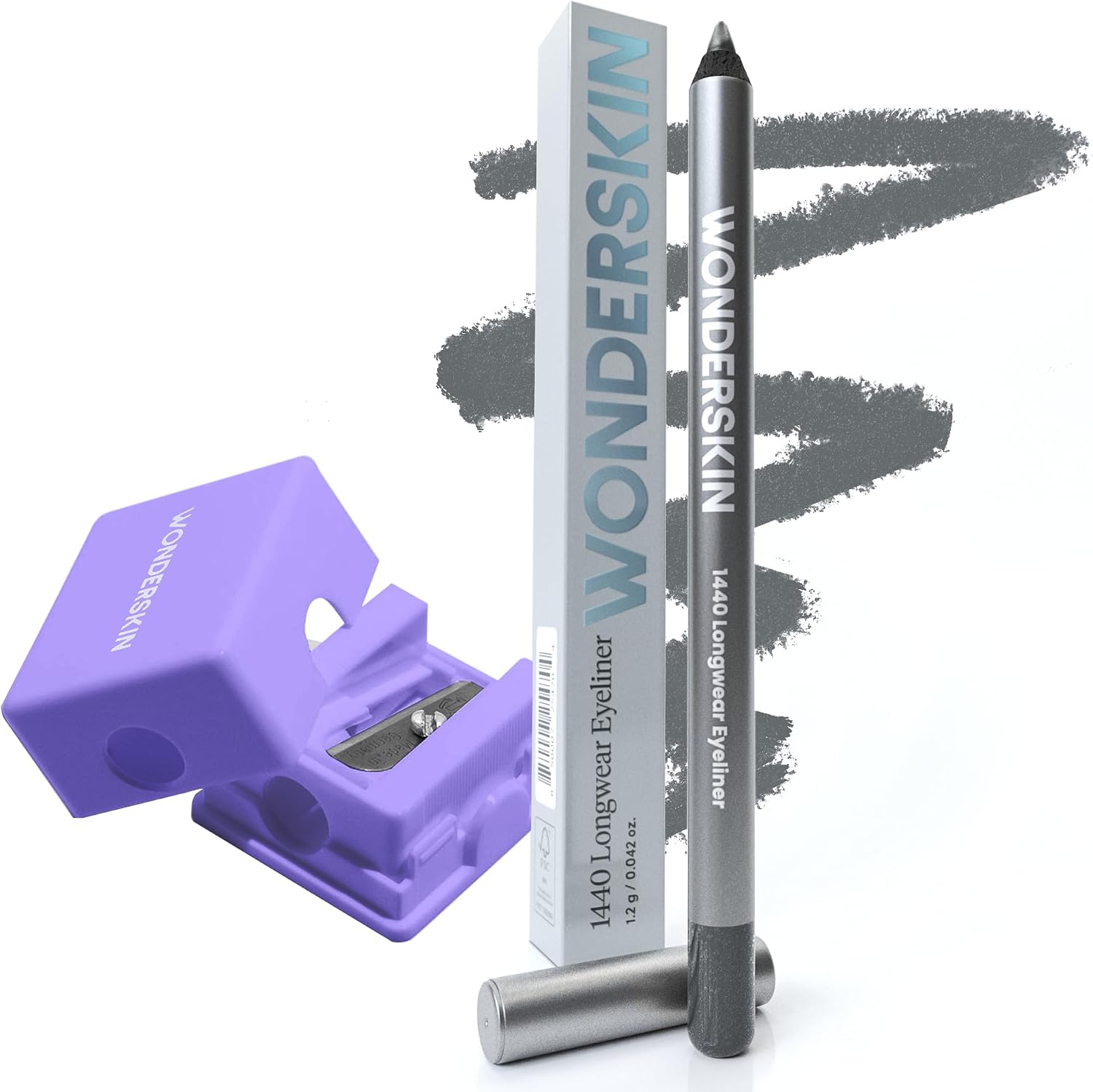 Wonderskin 1440 eyeliner oyster blue front view packaging with lilac cosmetic sharpener