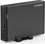 GODO USB 3.0 to 3.5 Inch Hard Drive Enclosure front view showing brushed aluminum finish and blue LED light