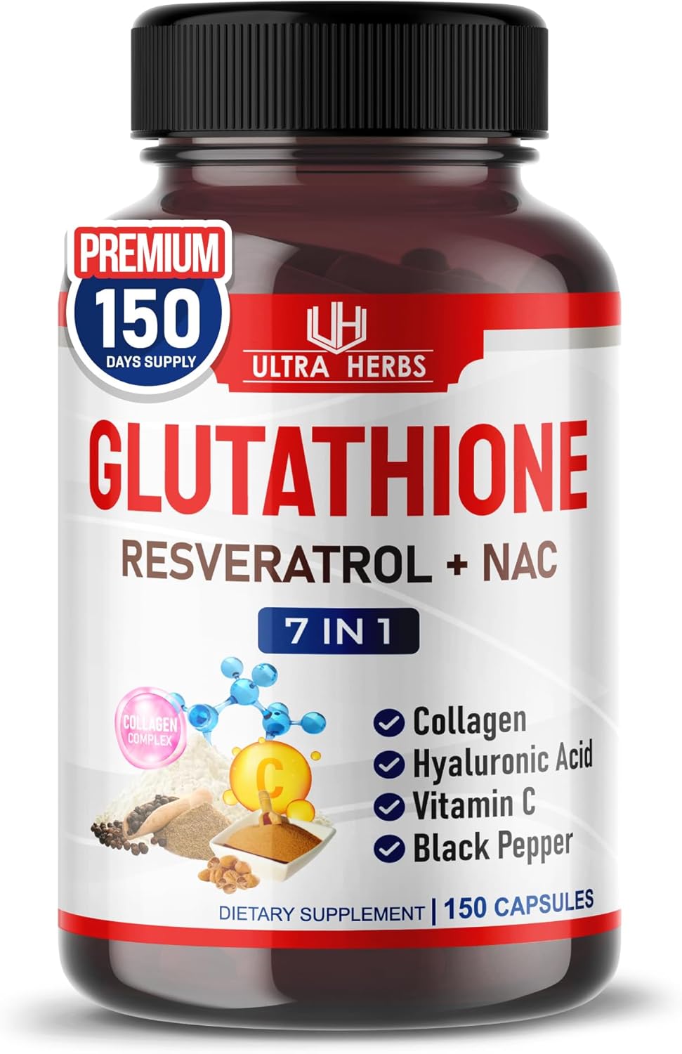 Glutathione Supplement Active Reduced Form, Enriched with Resveratrol, NAC, Collagen, Hyaluronic Acid, Vitamin C - Advanced Antioxidant for Immunity & Detox | 150 Capsules - Image 1