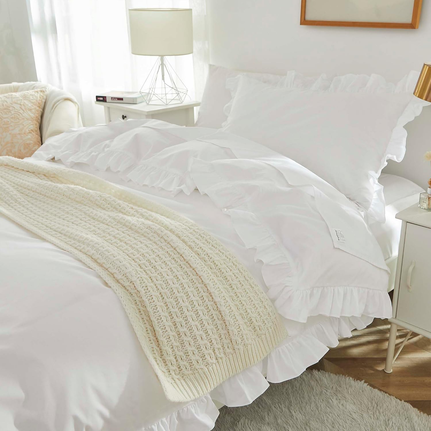 Brandream kids organic cotton ruffled duvet cover set in white front view styled on a twin bed