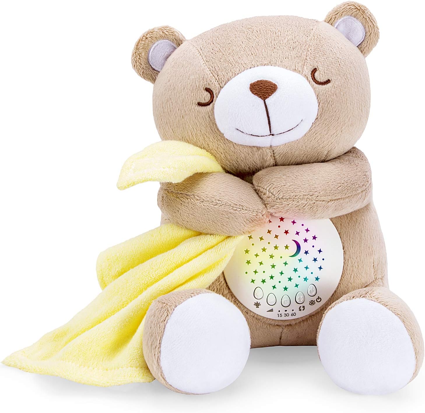 BEREST Rechargeable Baby Sleep Soother Bear front view showing the soft plush teddy design with the central circular star projector lens