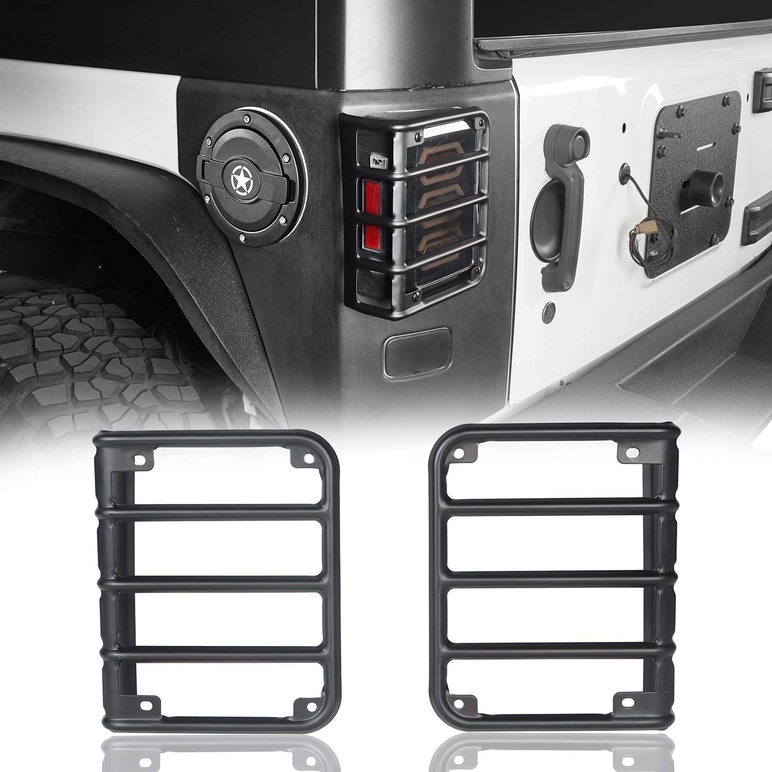 Hooke Road matte black tail light guard front view on Jeep