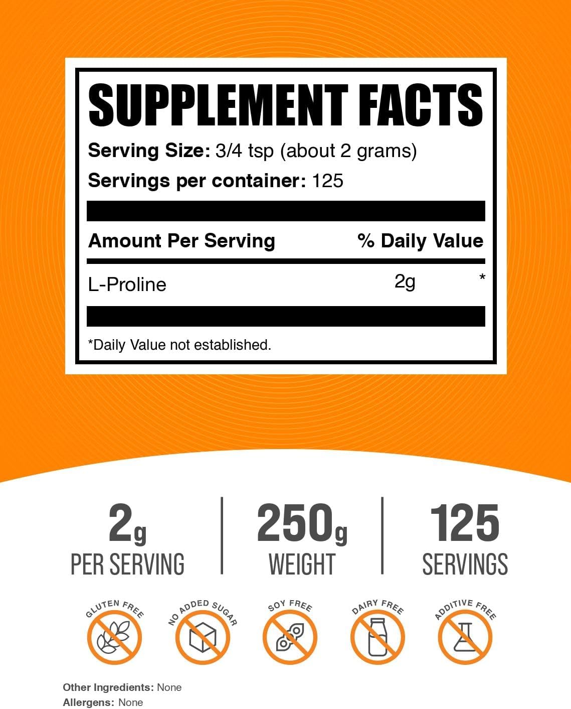 BulkSupplements L-Proline Powder nutritional information panel