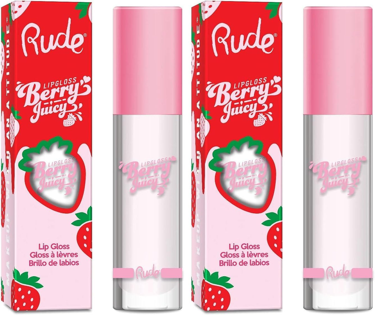 Rude Cosmetics Berry Juicy Lip Gloss packaging and strawberry theme