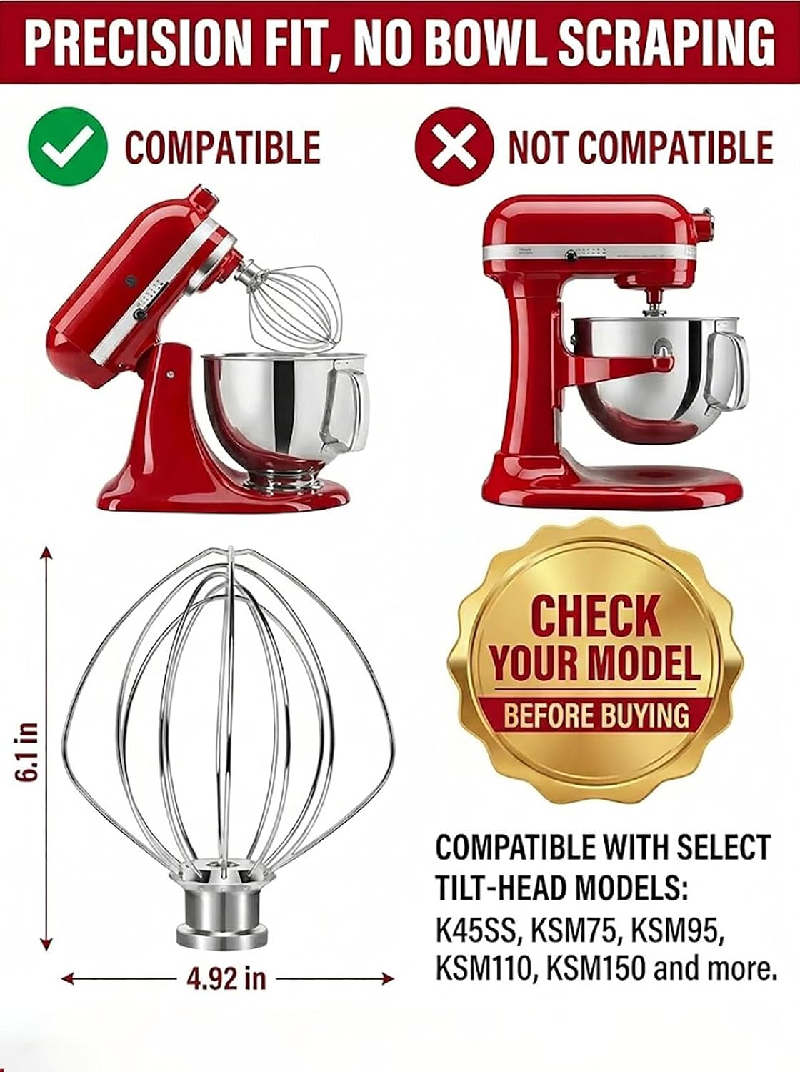 K45WW Wire Whip for KitchenAid Tilt-Head Mixer,6-Wire Whisk Attachment Replacement for 4.5QT/5QT Models K45SS KSM110 KSM75 KSM90 KSM100, Aluminum Head with Stainless Steel Wires, Hand Wash Only - Image 4