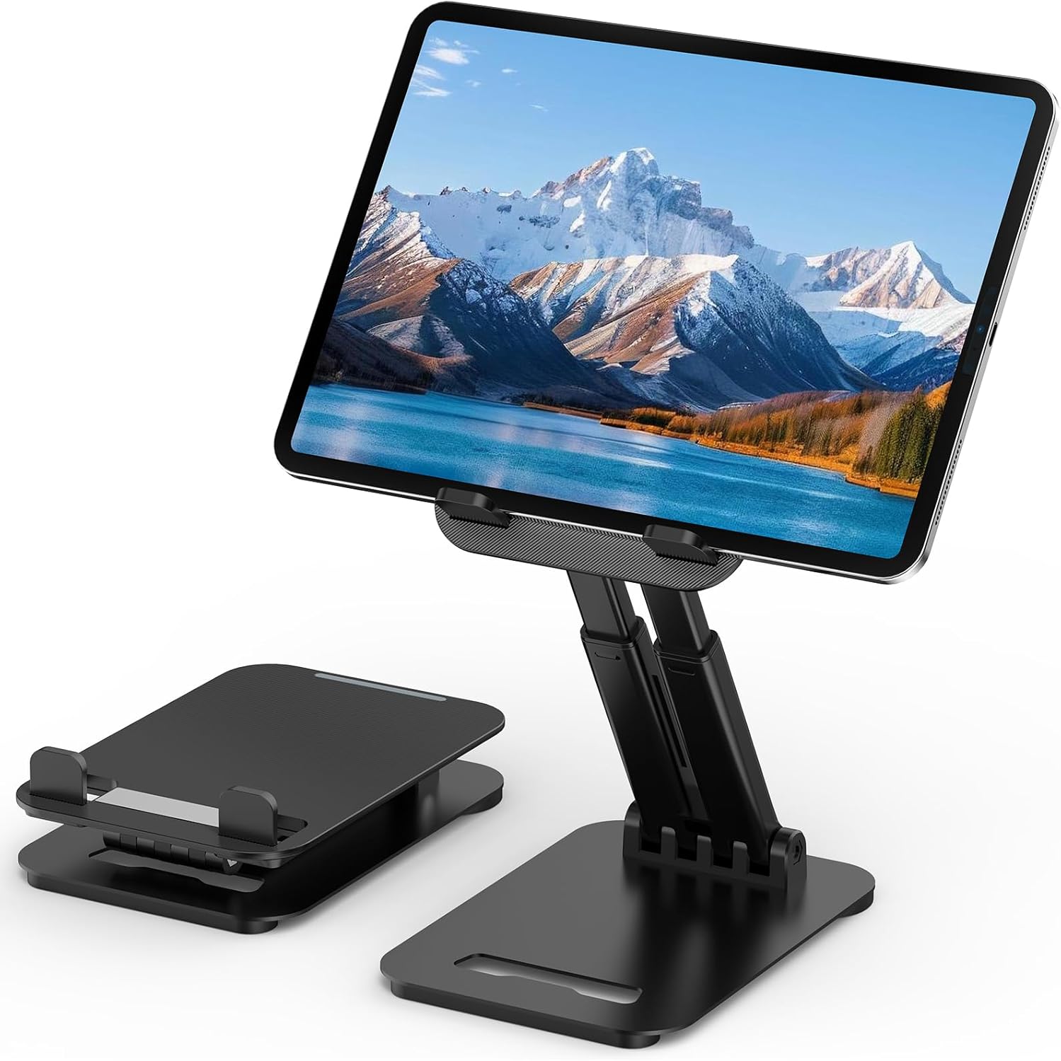 Tonmom adjustable tablet stand front view showing black metal design holding a large tablet on an office desk.