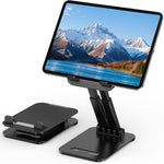 Tonmom adjustable tablet stand front view showing black metal design holding a large tablet on an office desk.