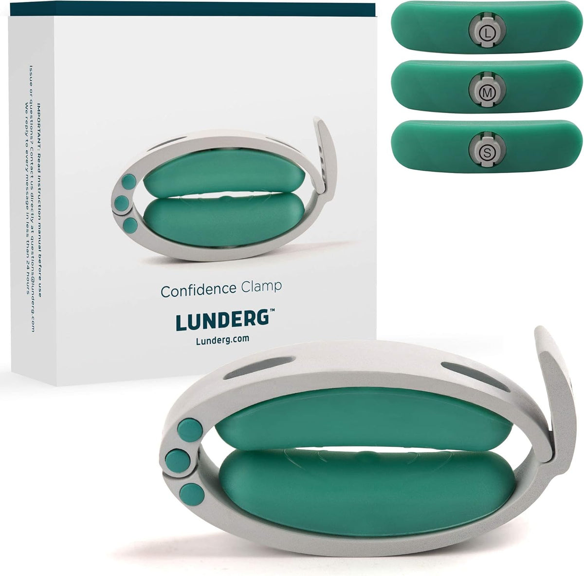Lunderg Confidence Clamp front view showing medical-grade silicone pads.