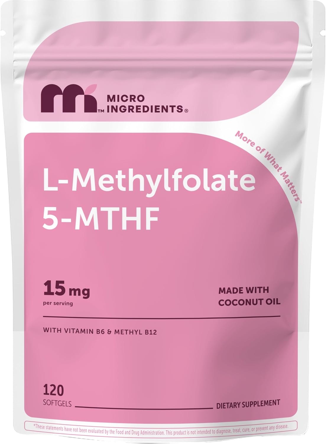 Micro Ingredients L-Methylfolate 15mg 120 Softgels front view supplement pouch