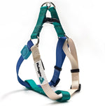 Authentic PawHuggies tri-color harness branding detail