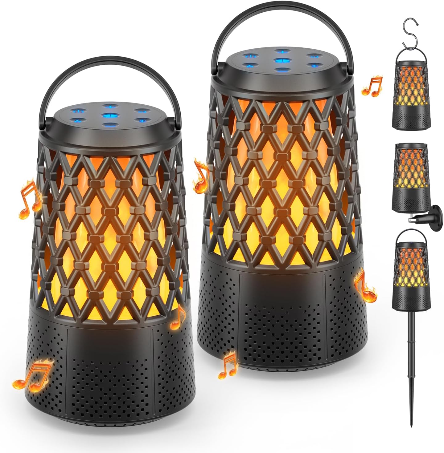MOFOKEAY outdoor bluetooth speaker showing the front view of its lattice patterned body with realistic LED flame effects on a patio table.