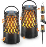 MOFOKEAY outdoor bluetooth speaker showing the front view of its lattice patterned body with realistic LED flame effects on a patio table.