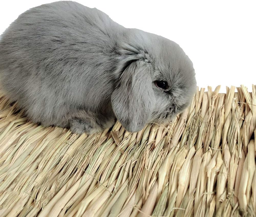 Hamiledyi grass mat being used as flooring in a rabbit cage