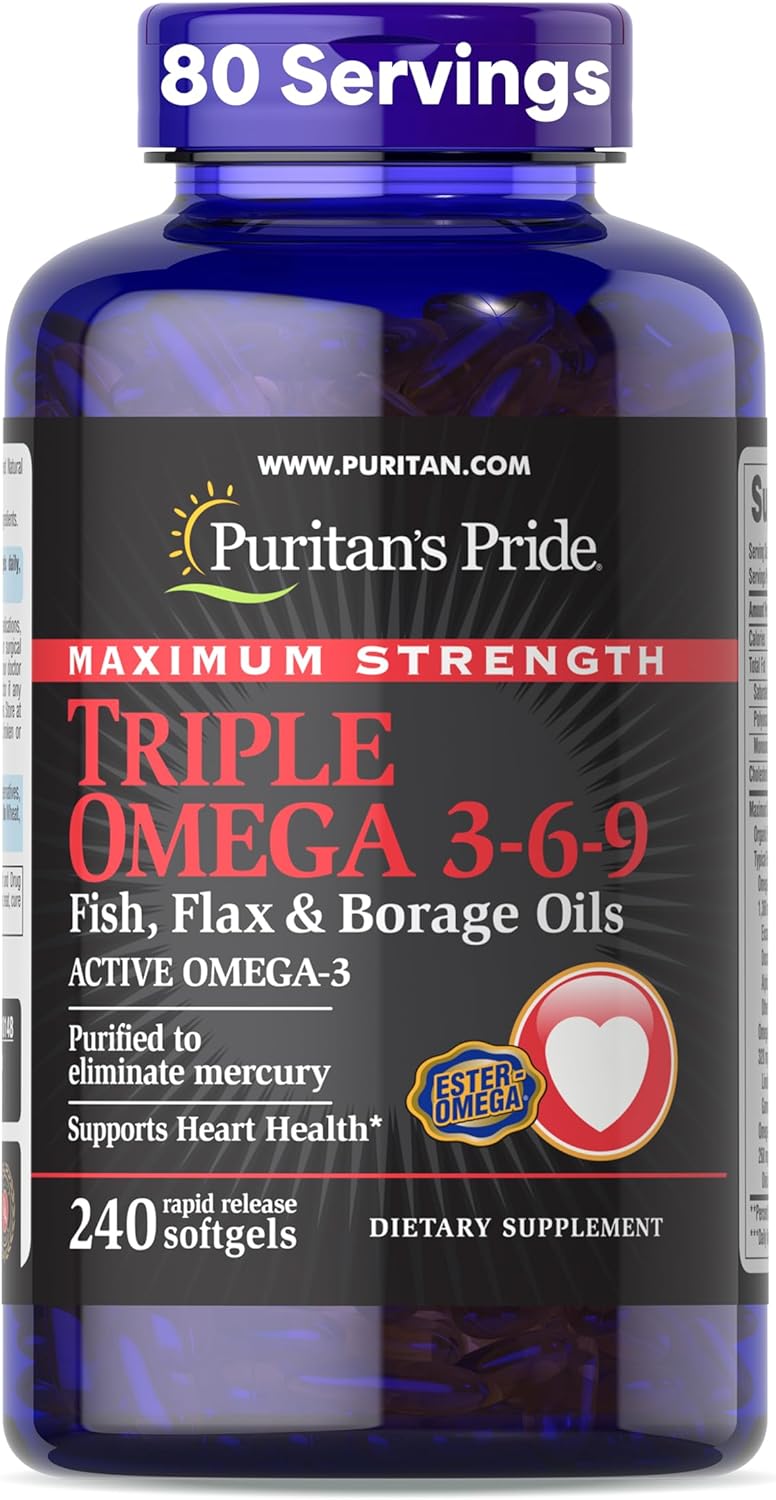 Puritan's Pride maximum strength triple omega 3-6-9 front view bottle