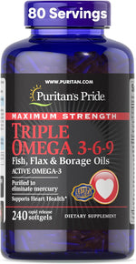 Puritan's Pride maximum strength triple omega 3-6-9 front view bottle