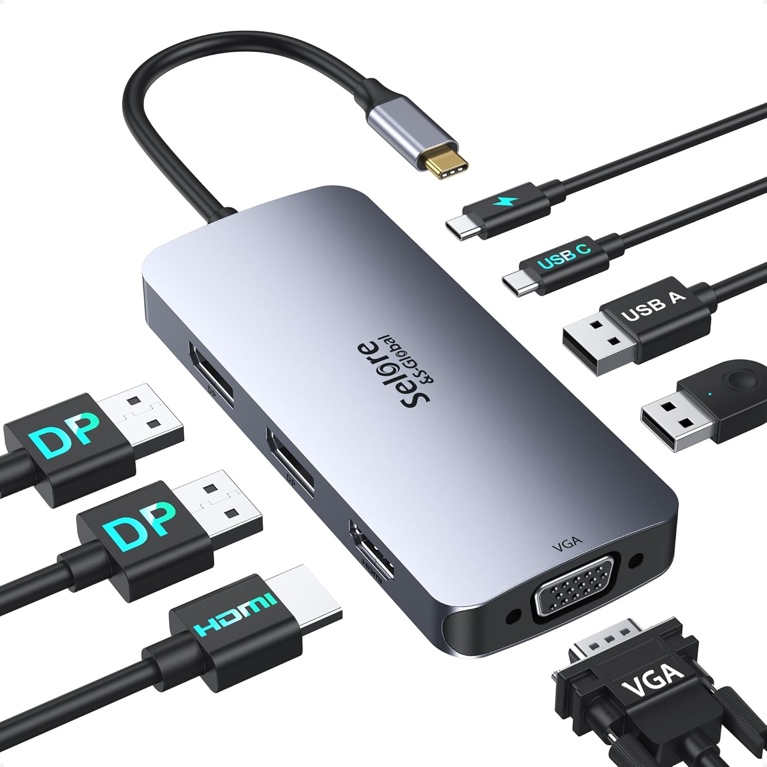 Selore and S-Global USB C Docking Station front view showcasing the premium grey aluminum finish and sleek multi monitor adapter layout.