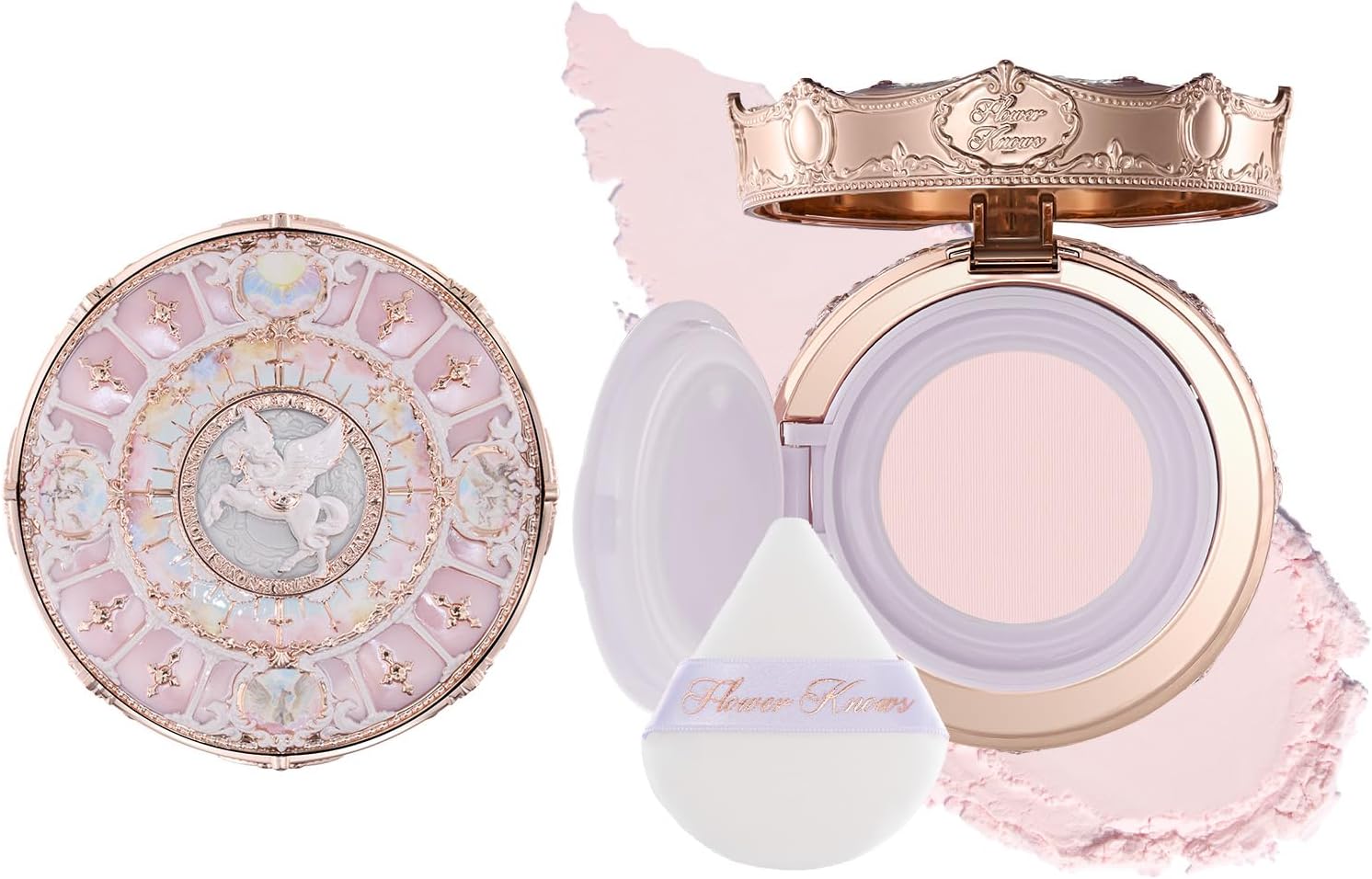 Flower Knows Knight Unicorn Cloud Loose Setting Powder, Talc-Free Fine-Milled Pore-Blurring Powder, Up to 24H Oil Control, Built-in Mirror Case, 2 Puffs, 0.28 Oz (02 Milky Pink) - Image 1