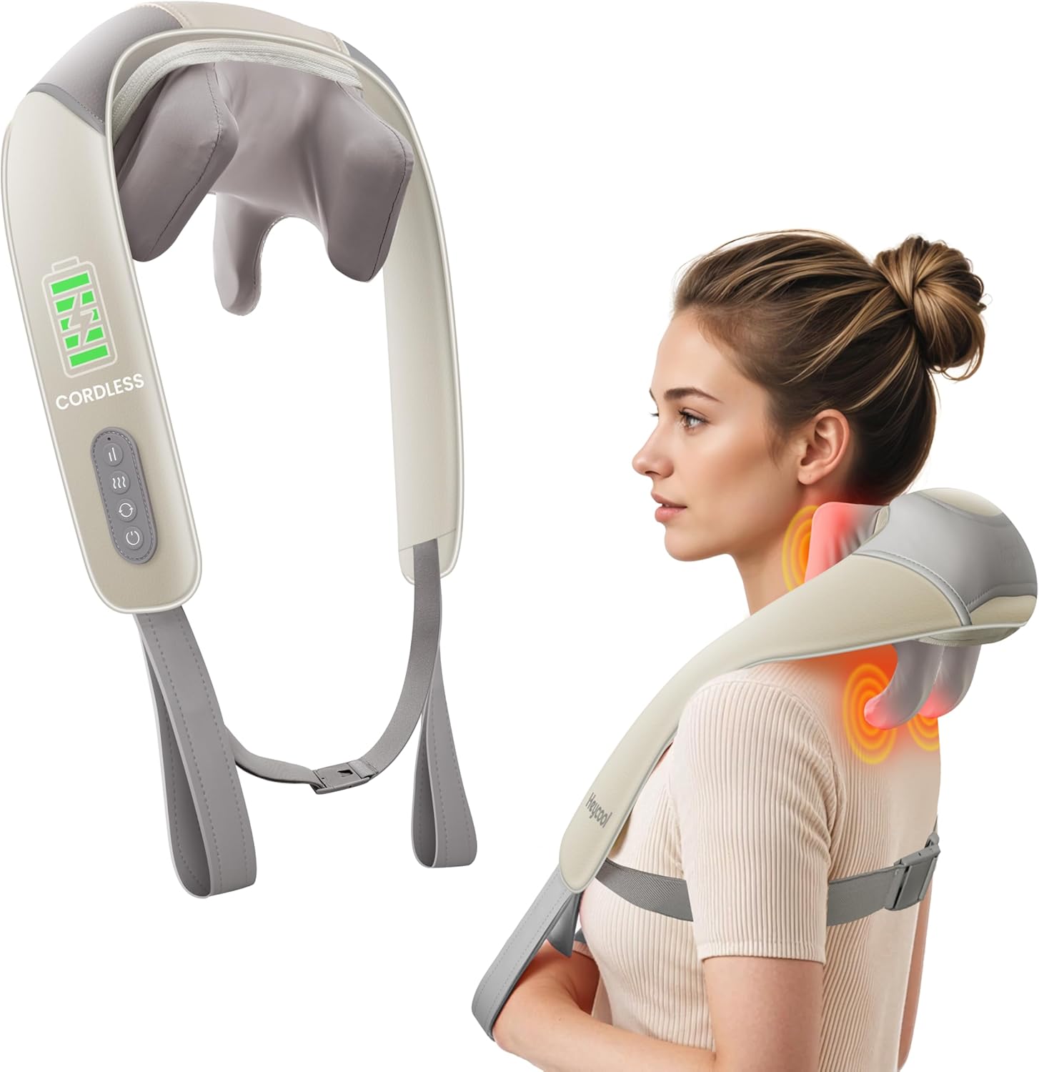 Heycool cordless neck massager with heat front view showing grey premium faux leather finish.