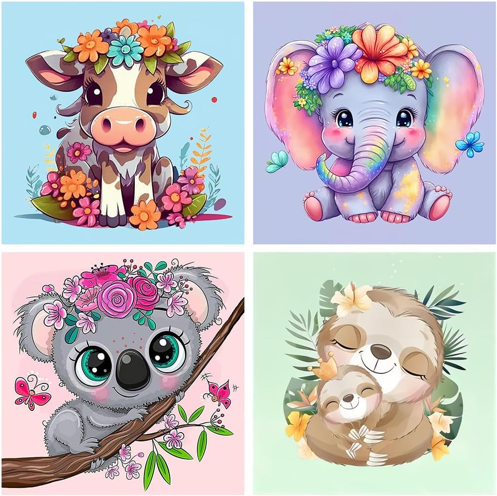 Bleihum four pack paint by numbers for kids front packaging view showing cute animal canvas designs.