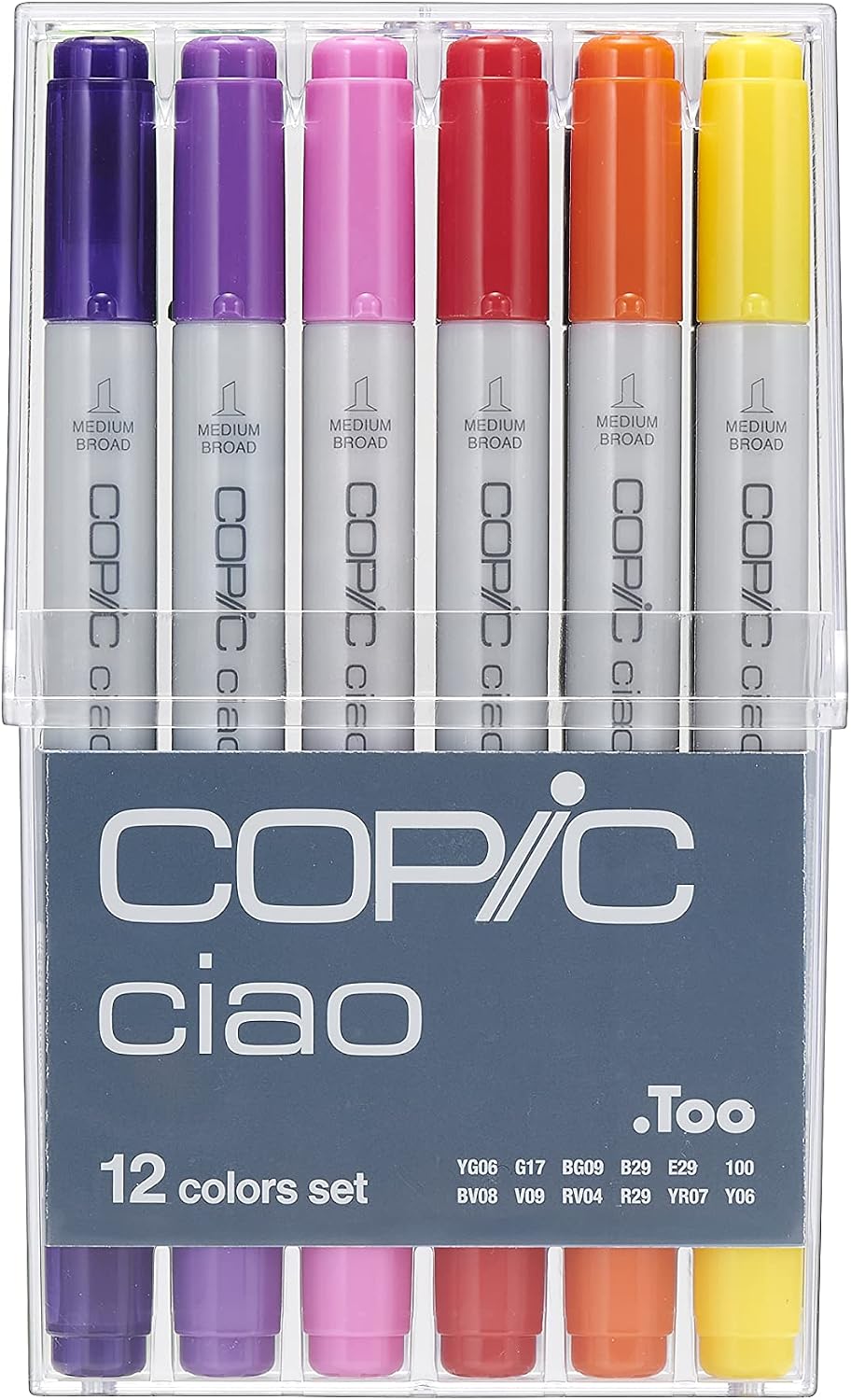Copic 12-piece marker set displayed in clear case
