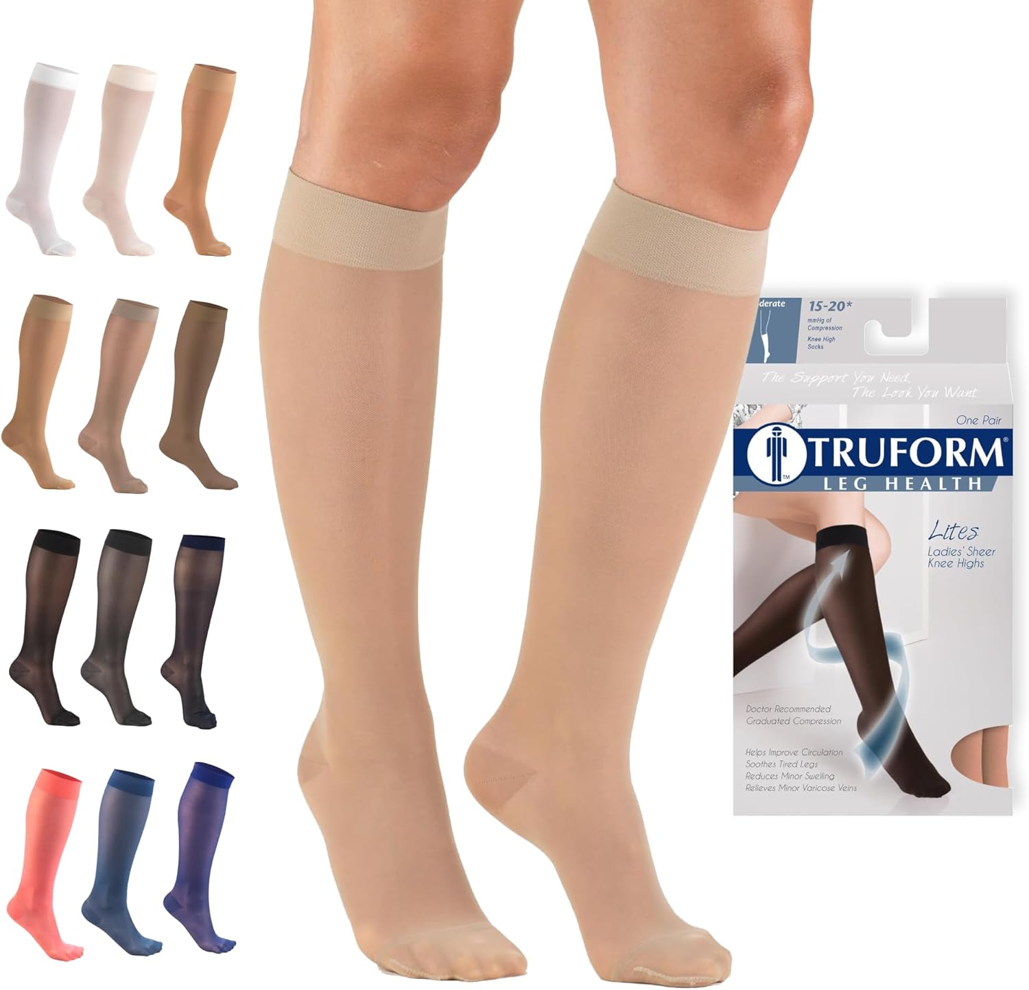 Truform Sheer Compression Stockings, 15-20 mmHg, Women's Knee High Length, 20 Denier, Nude, Medium - Image 1