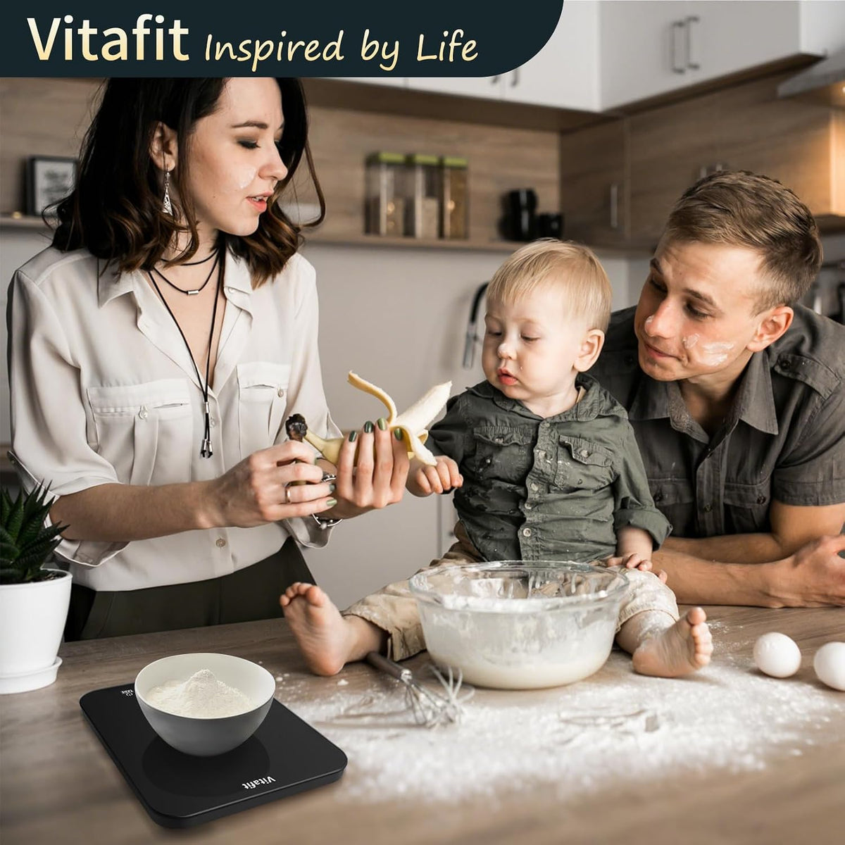 Vitafit digital food scale measuring ingredients in a mixing bowl
