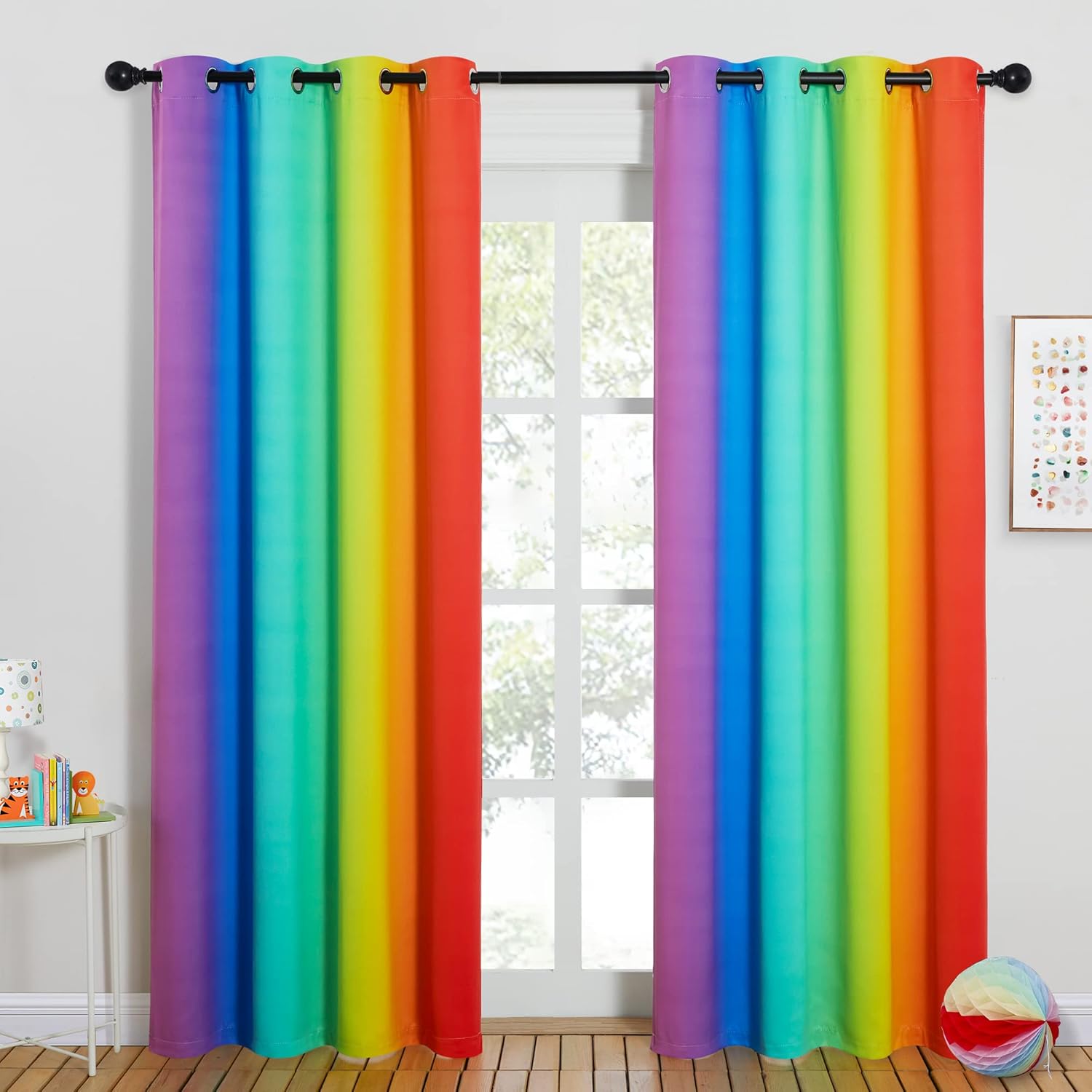 NICETOWN Colorful Rainbow Curtains front view hanging in a bright nursery room